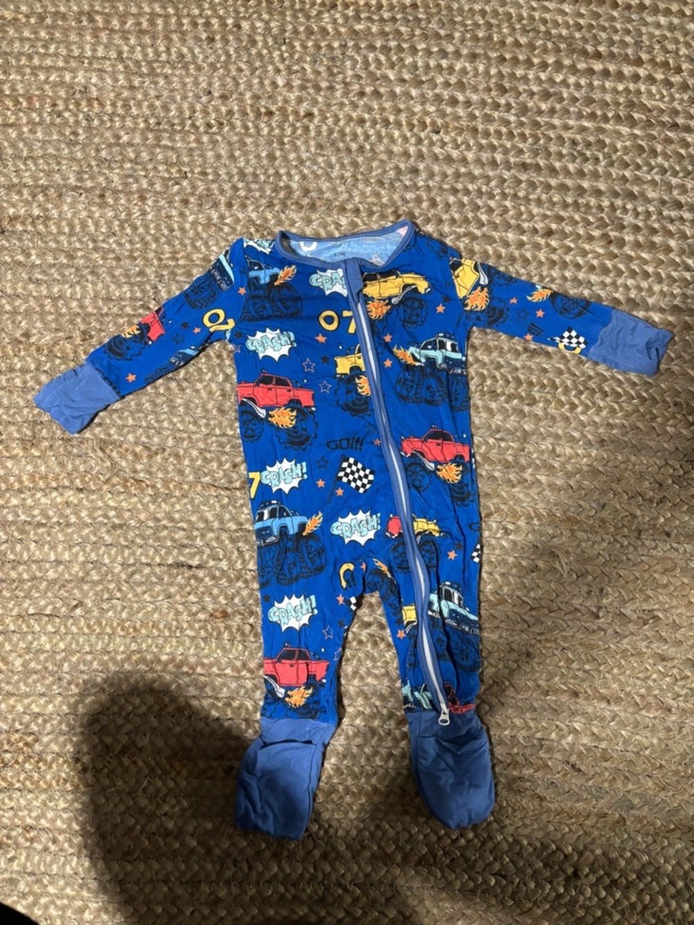 Blue Monster Truck Print Footed One-Piece Bamboo Pajamas 6-9 months